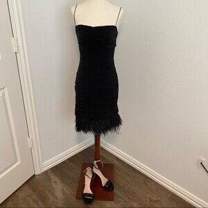 LAUNDRY Shelli Segal Silk Feather Trim Ruched Black Sexy Party Dress Size 2
